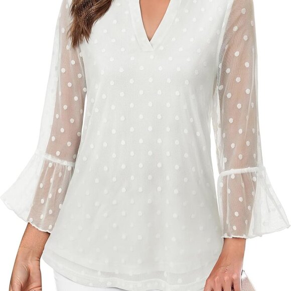 Womens Tops Dressy Casual 3/4 Ruffle Sleeve Blouse Chiffon V Neck Evening Party - Picture 1 of 7